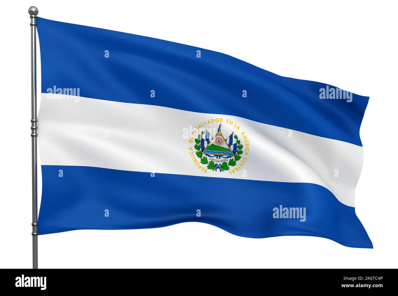Schwenkende salvadorianische Flagge isoliert auf weißem Hintergrund Stockfoto