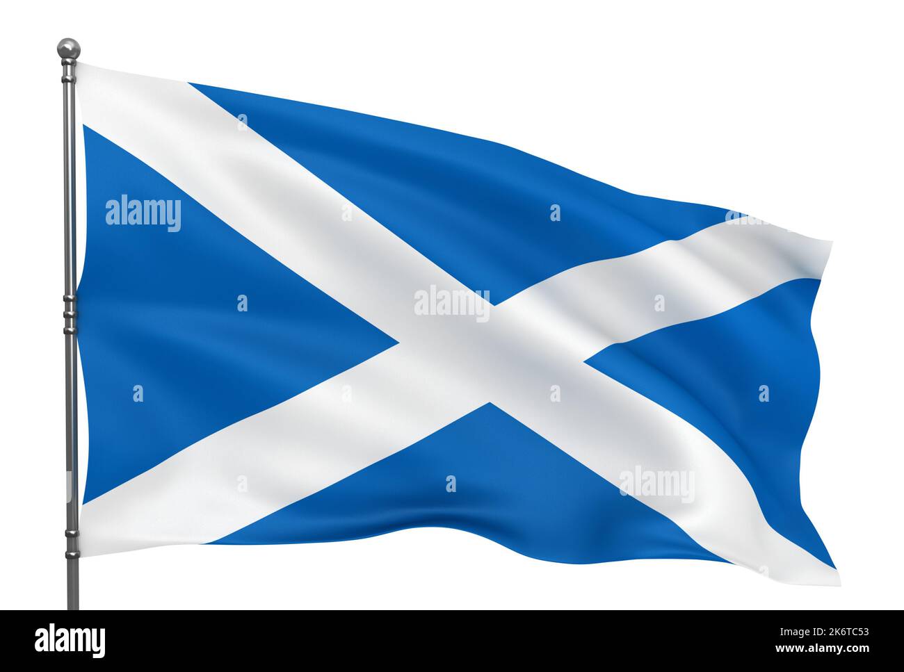 Winkende schottische Flagge auf weißem Hintergrund isoliert Stockfoto