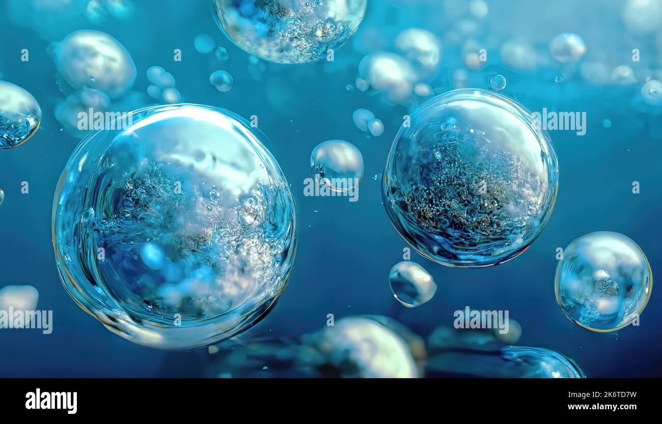 Blasen im Wasser, Makrofotografie, blauer Hintergrund. Hochwertige Fotos Stockfoto