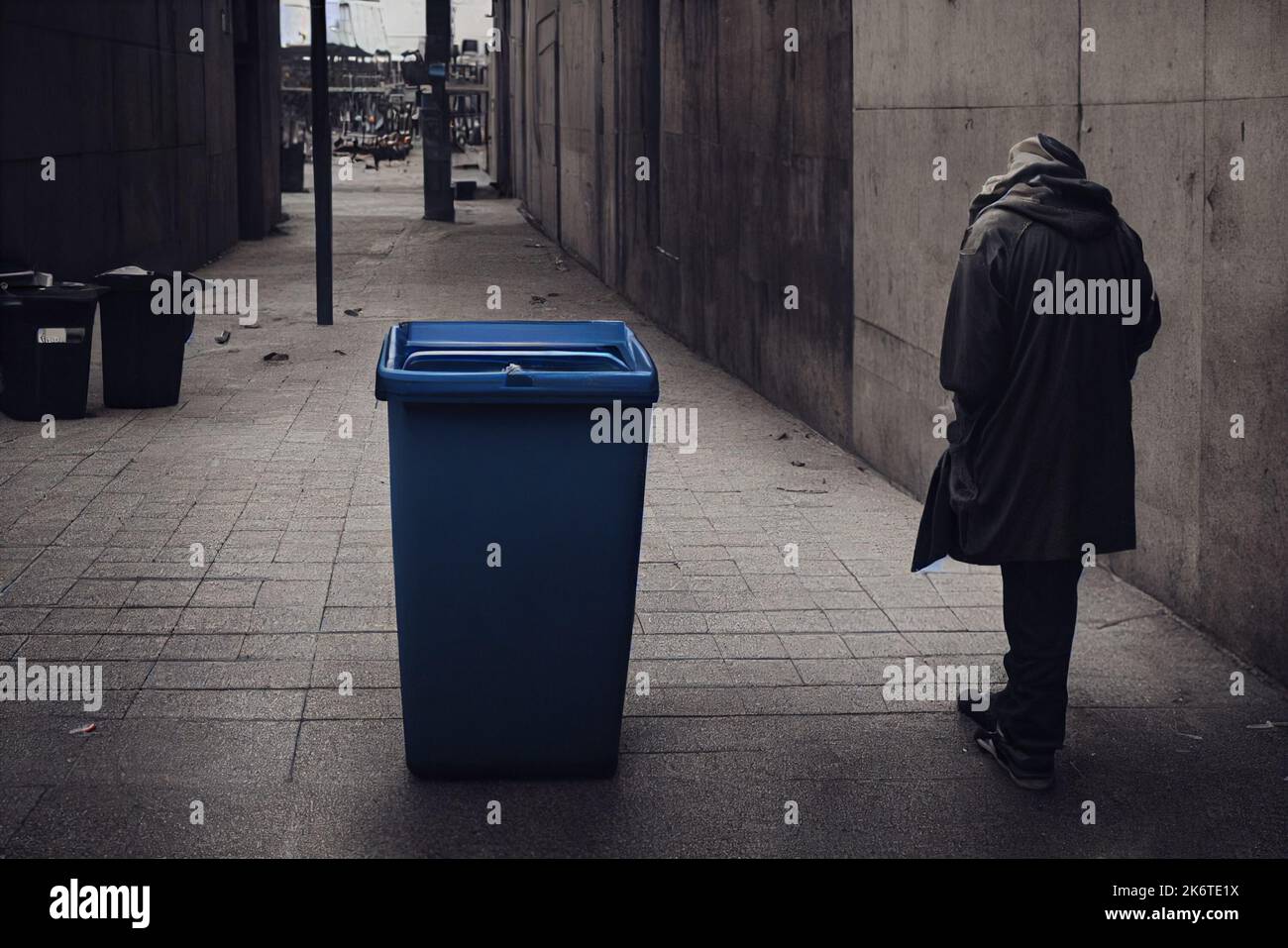 Ein Obdachloser geht neben einen Mülltonnen. Er ist niedergetreten und hoffnungslos, wird vom Leben schlecht behandelt. Abbildung. Stockfoto