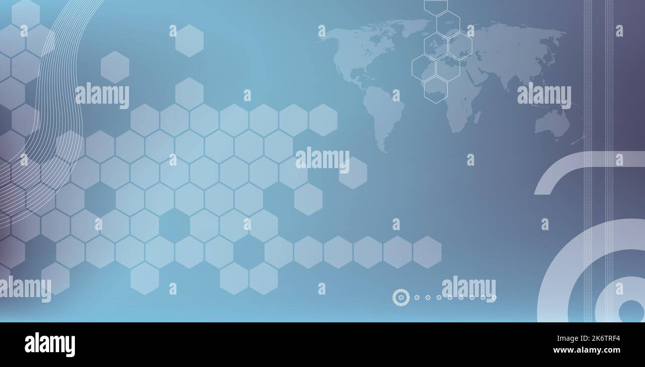 Blauer wissenschaftlicher oder medizinischer Hintergrund. Abstrakter Hintergrund mit geometrischen Tech-Formen, Sechseck, Weltkarte und parallelen Linien, Hintergrund für die Inter Stock Vektor