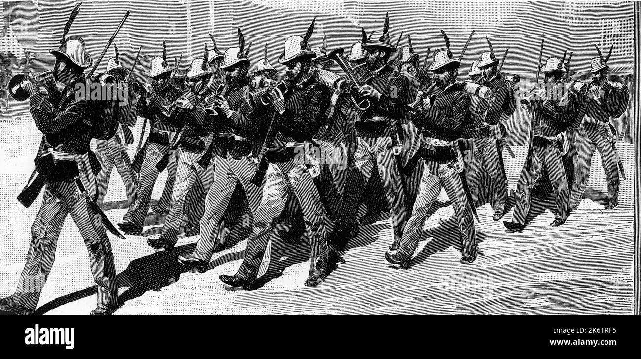 1872 Ca, ITALIEN: Die erste Fanfare-Parade der italienischen ALPINI-Truppen. Aus den Cacciatori delle Alpi geboren die ALPINI Militärtruppen im Jahr 1872. Illustration von G. Amato für ' L'illustrazione italiana ' .- Unità d'Italia - RISORGIMENTO - Batte - ITALIA - FOTO STORICHE - GESCHICHTE - GEOGRAFIA - GEOGRAPHIE - ALPINI - ALPINO - Italienischer ALPIN - fanfara - parata --- Archivio GBB Stockfoto