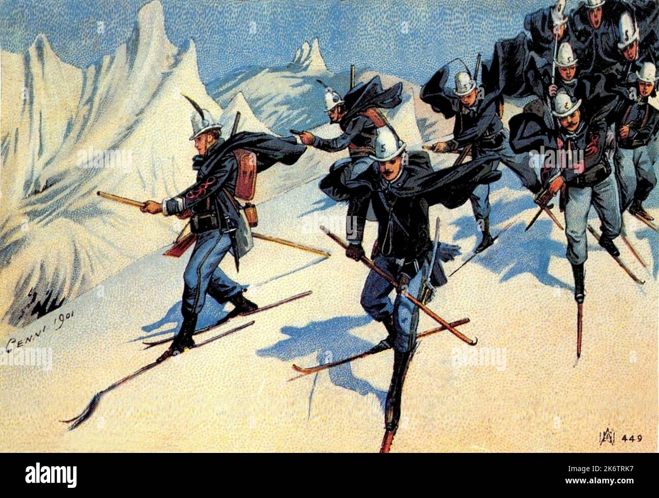 1901 , ITALIEN : Eine Postkarte mit italienischen Militär ALPINI auf dem Ski . Kunstwerk von Cenni . - ALPINI - ALPINE - CARTOLINA POSTALE - PRIMA GUERRA MONDIALE - erster Weltkrieg - erster Weltkrieg - erster Weltkrieg - miliari soldati italiani - GESCHICHTE - FOTO STORICHE - PROPAGANDA - ILLUSTRATION - neve - Snow - sci - sciatori --- Archivio GBB Stockfoto