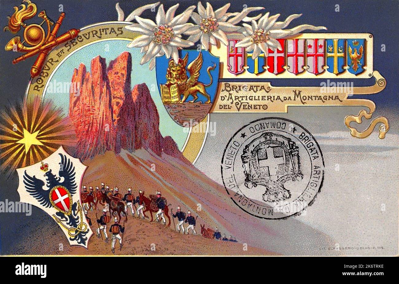 1900 Ca , ITALIEN : Eine Postkarte mit italienischen Militär ALPINI auf den Dolomiten der BRIGATA D'ARTIGLIERIA da MONTAGNA DEL VENETO . Kunstwerk von unbekannt . - ALPINI - ALPINE - CARTOLINA POSTALE - miliari soldati italiani - GESCHICHTE - FOTO STORICHE - PROPAGANDA - ILLUSTRATION --- Archivio GBB Stockfoto
