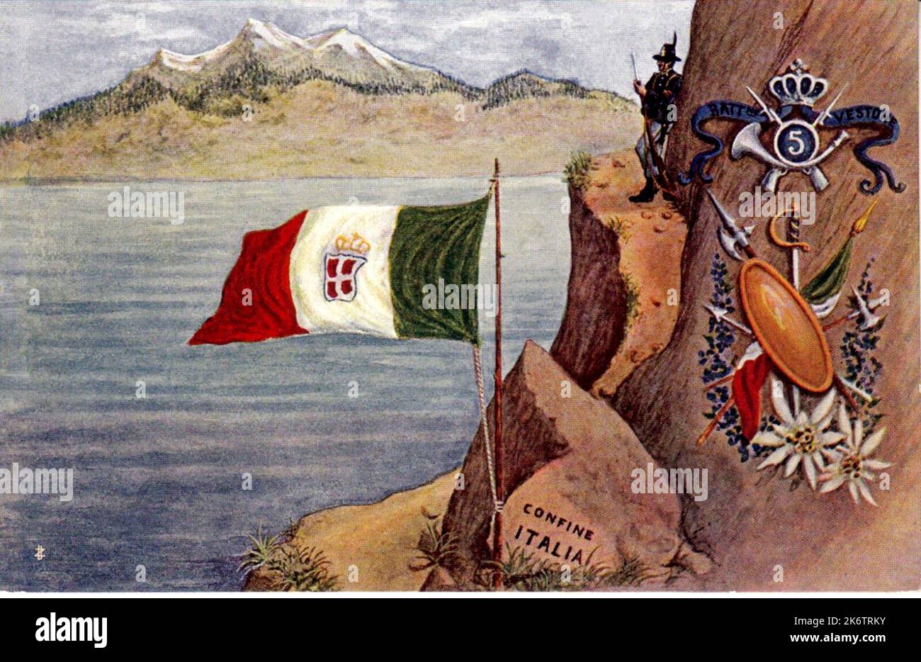 1910 Ca , ITALIEN : Eine Postkarte mit einem italienischen Militär ALPINO Trompeter Soldat von 5 REGGIMENTO ALPINI , BATTAGLIONI VESTONE und den italienischen Grenzen . Kunstwerk eines unbekannten Künstlers. - ALPINO - ALPINE - CARTOLINA POSTALE - miliari soldati italiani - GESCHICHTE - FOTO STORICHE - PROPAGANDA - ILLUSTRATION - beschränken italiano --- Archivio GBB Stockfoto