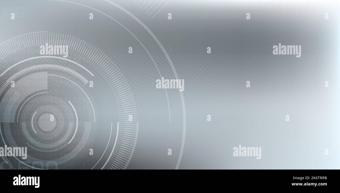Abstrakter Hintergrund mit geometrischen Tech-Formen, parallelen Linien im Kreis, Hintergrund für das Internet-Banner. Grauer wissenschaftlicher oder medizinischer Hintergrund. Stock Vektor