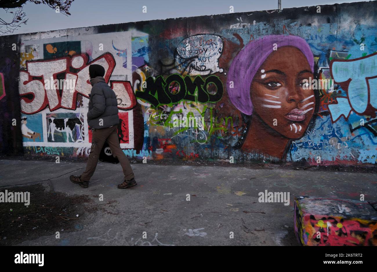 Deutschland, Berlin, 02. 02. 2022, Sonntagnachmittag im Mauerpark, Graffiti-Wand, Kunstwerk des jamaikanischen Straßenkünstlers EME Freethinker Stockfoto