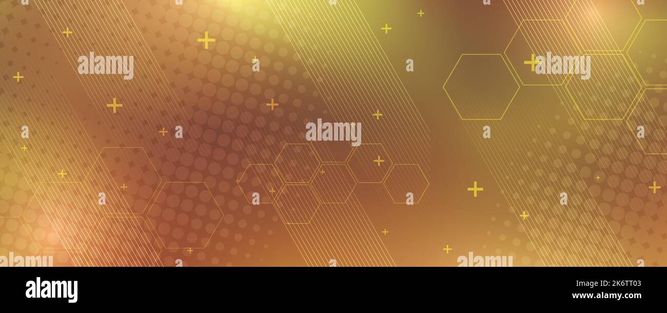 Gelber Hintergrund in Vektorgrafik mit Glanz und Bewegung, heller geometrischer Form, Sechsecken, Halbtonmuster und parallelen Linien. Stock Vektor