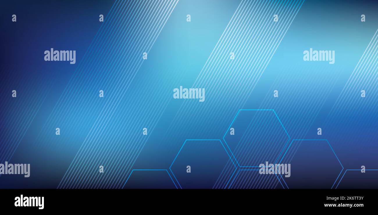 Blauer Vektorhintergrund mit Hexagon-Formen und parallelen Linien. Technologie, Wissenschaft, Kommunikation und Geschäftshintergrund. Stock Vektor