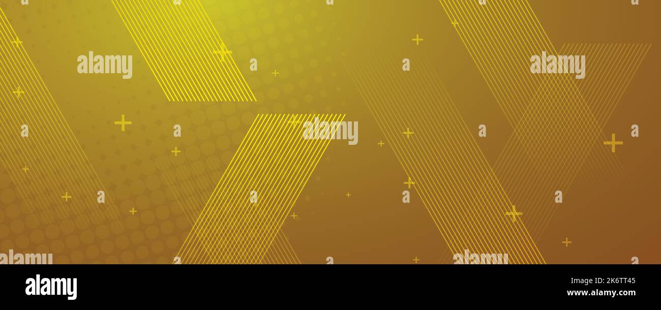 Gelber Hintergrund in Vektorgrafik mit Glanz und Bewegung, heller geometrischer Form, Sechsecken, Halbtonmuster und parallelen Linien. Stock Vektor