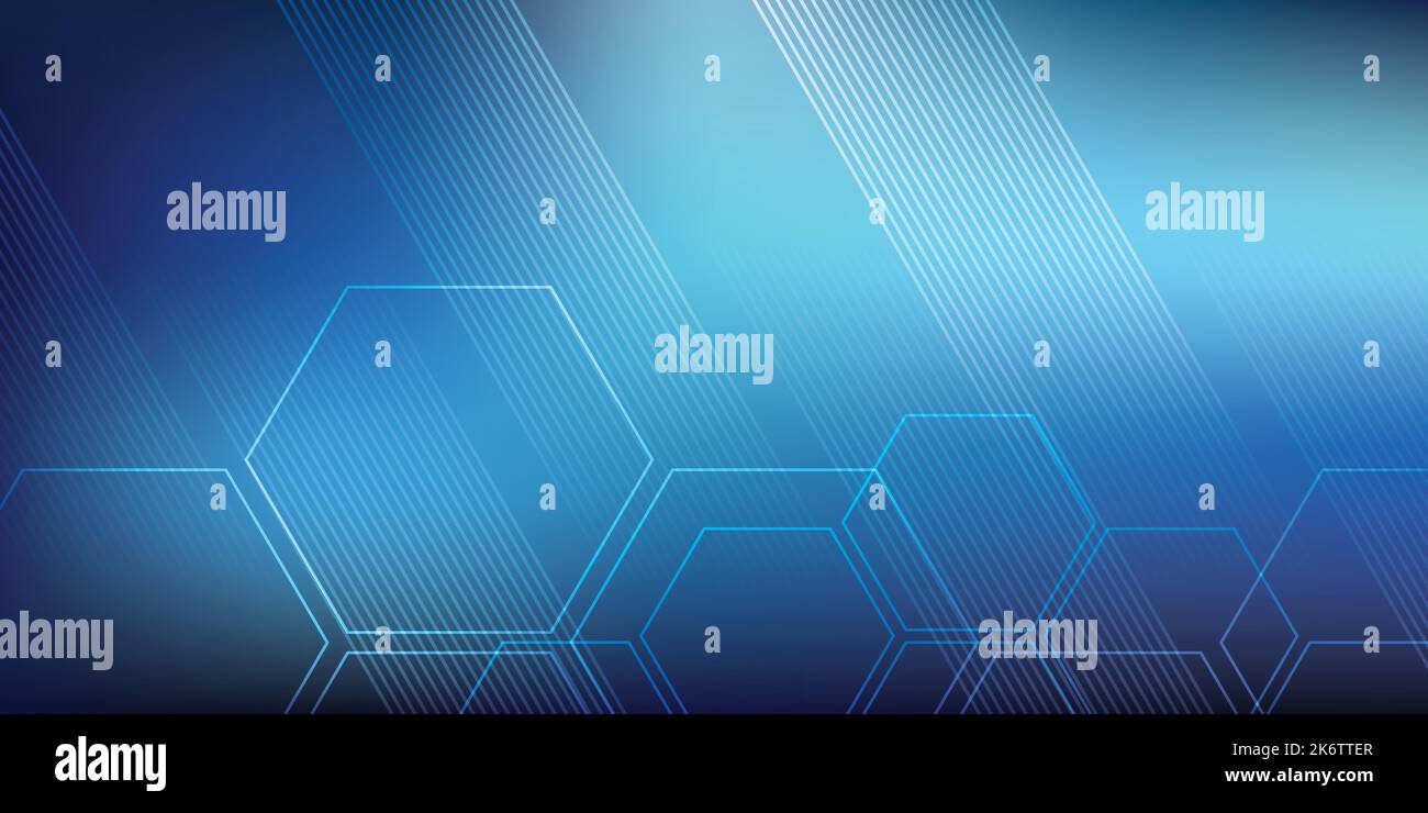 Blauer Vektorhintergrund mit Hexagon-Formen und parallelen Linien. Technologie, Wissenschaft, Kommunikation und Geschäftshintergrund. Stock Vektor