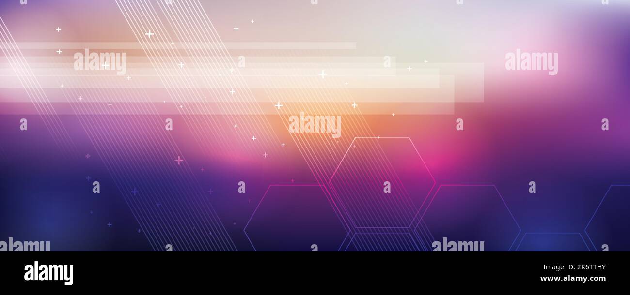 Violetter Hintergrund in Vektorgrafik mit Glanz und Bewegung, heller geometrischer Form, Sechsecken und parallelen Linien. Stock Vektor