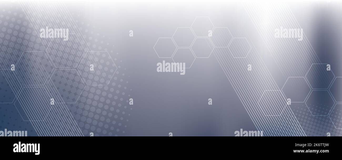 Grauer Hintergrund in Vektorgrafik mit Glanz und Bewegung, heller geometrischer Form, Sechsecken, Halbtonmuster und parallelen Linien. Stock Vektor