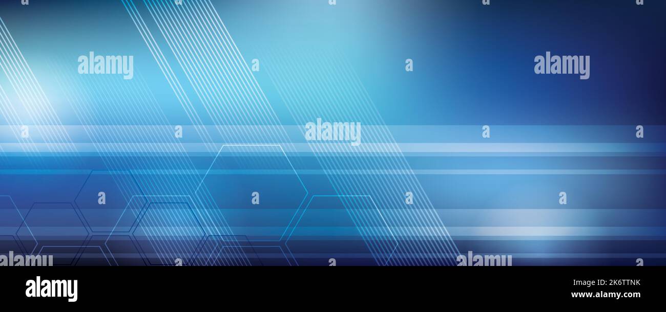 Blauer Hintergrund in Vektorgrafik mit Glanz und Bewegung, heller geometrischer Form, Sechsecken und parallelen Linien. Stock Vektor