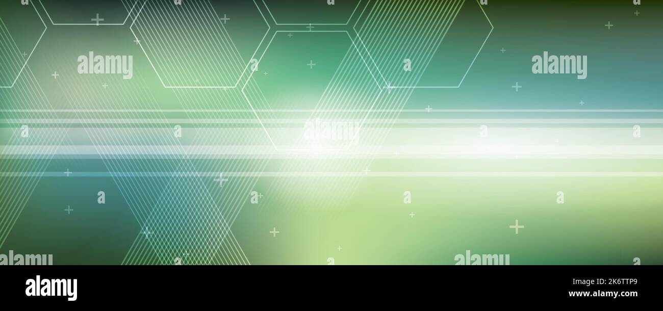 Grüner Hintergrund in Vektorgrafik mit Glanz und Bewegung, heller geometrischer Form, Sechsecken und parallelen Linien. Stock Vektor