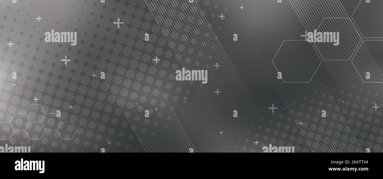 Grauer Hintergrund in Vektorgrafik mit Glanz und Bewegung, heller geometrischer Form, Sechsecken, Halbtonmuster und parallelen Linien. Stock Vektor