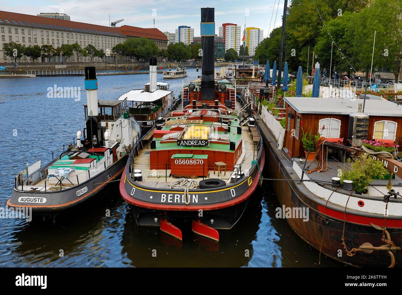 Historischer Hafen mit Museumsschiffen, Maerkisches Ufer, Spree, Berlin, Deutschland Stockfoto