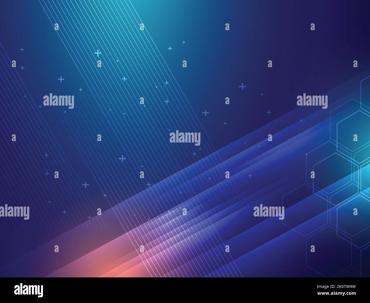 Blauer eleganter abstrakter Hintergrund mit parallelen Linien, überlappenden bunten transparenten Formen, futuristischer Effekt in Wissenschaft und Technik. Stock Vektor