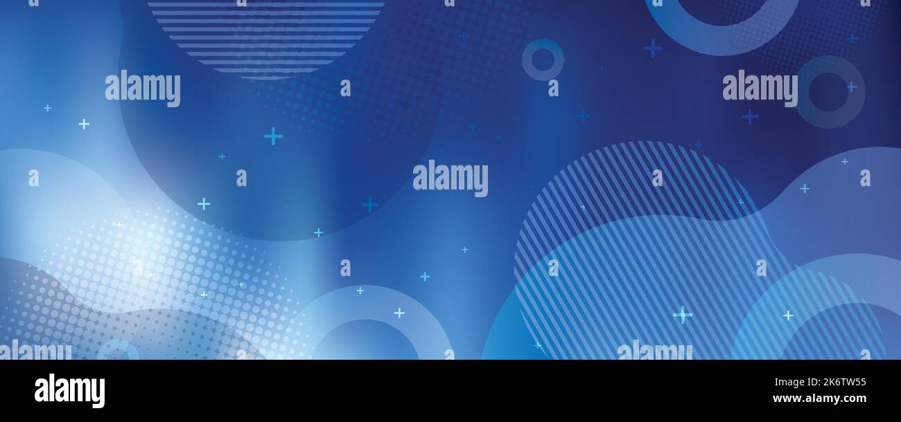 Blauer moderner Hintergrund in Vektorgrafik mit Glanz und Bewegung, mit parallelen Linien, heller geometrischer Form, Kreisen und Halbtonmuster. Stock Vektor