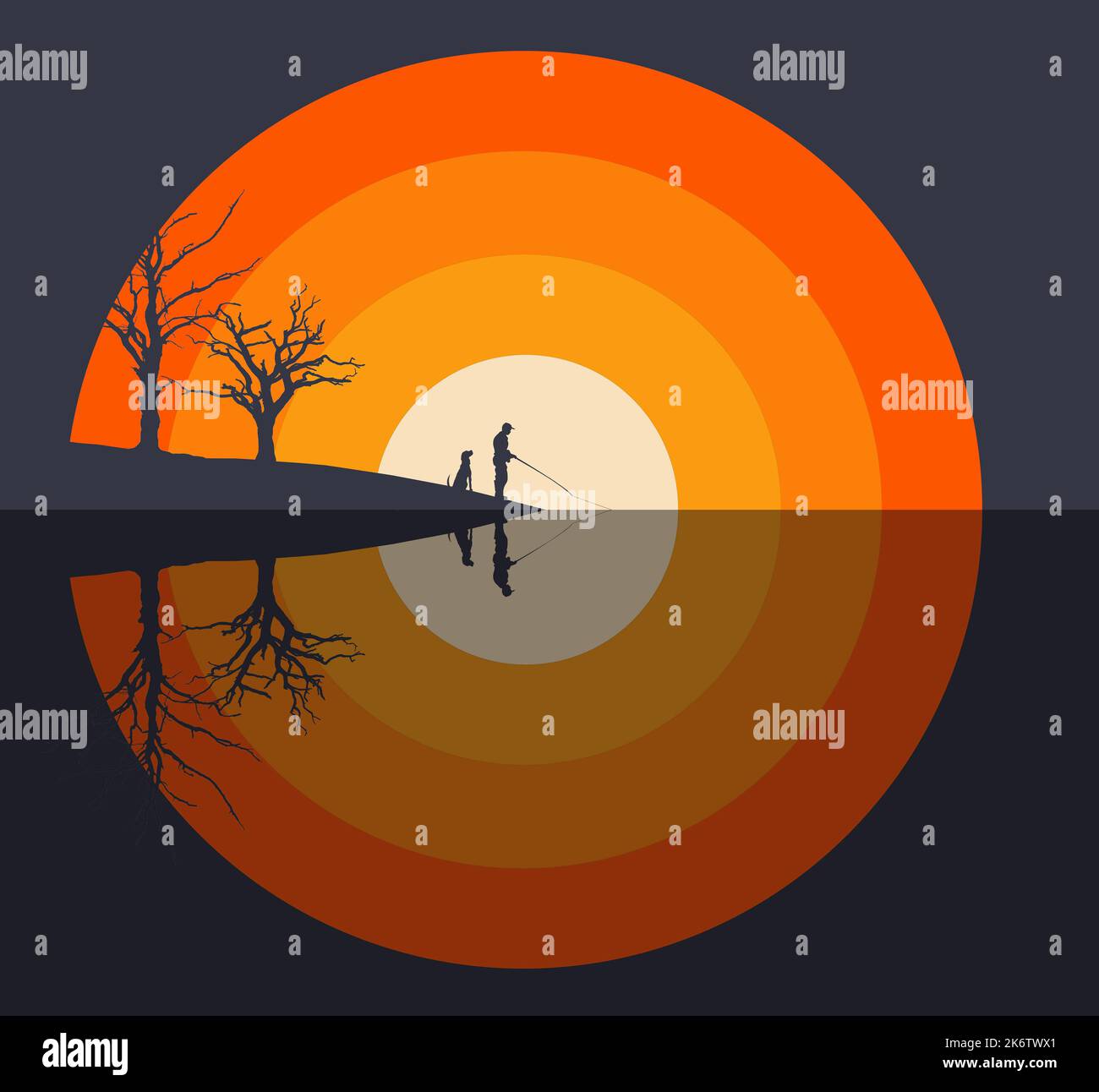 In der Nähe wird ein Mann beim Fischen mit seinem Begleithund gesehen. Er fischt vor einem grafischen Sonnenuntergangsbild, das im Seewasser reflektiert wird. Dies ist ein 3-d-Illus Stockfoto