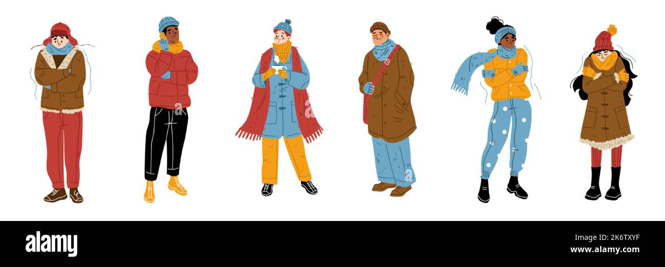 Flache Gruppe von Menschen, die sich kalt oder krank fühlen, isoliert auf weißem Hintergrund. Vektor-Illustration von jungen Männern und Frauen tragen warme Mäntel, Hüte, Tücher, tr Stock Vektor