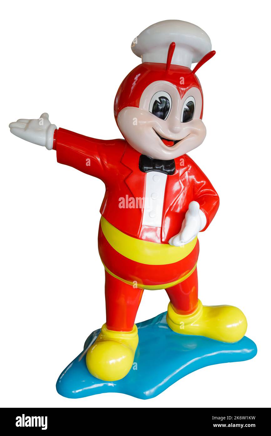 2022-09-29 Manila Philippinen, Statue des Jollibee Mascot Statue isoliert auf weißem Hintergrund Stockfoto