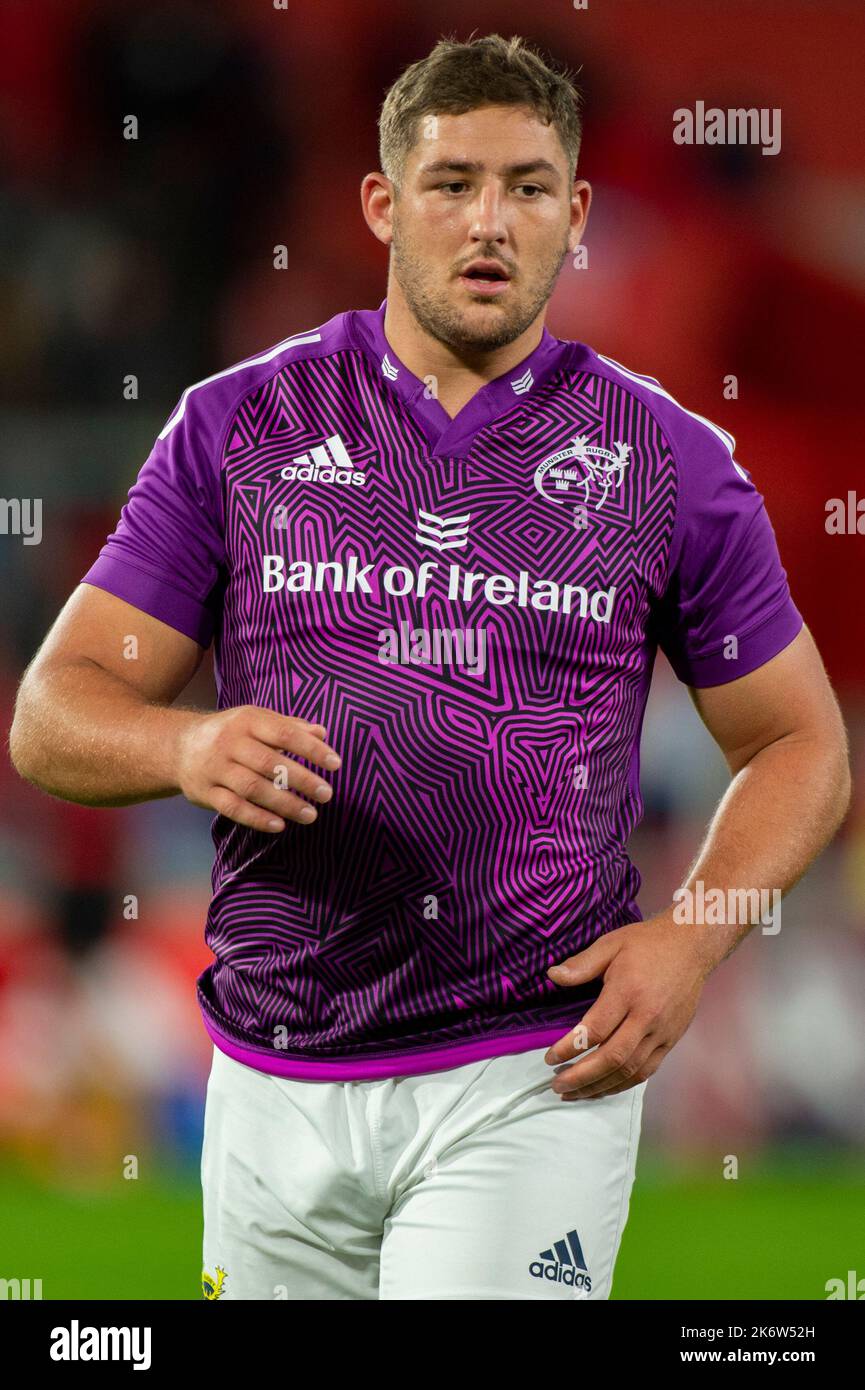 Limerick, Irland. 16. Oktober 2022. Dan Goggin von Munster während des Spiels der United Rugby Championship Round 5 zwischen Munster Rugby und Vodacom Bulls am 15. Oktober 2022 im Thomond Park in Limerick, Irland (Foto von Andrew SURMA/ Quelle: SIPA USA/Alamy Live News Stockfoto