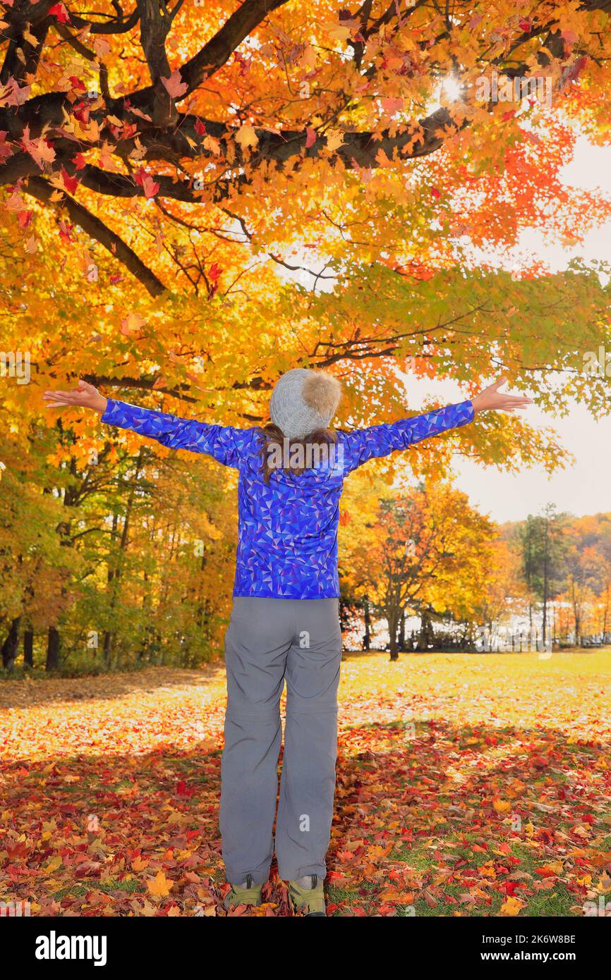 Junges Mädchen genießen Herbst bunte Blätter in Quebec, Kanada Stockfoto