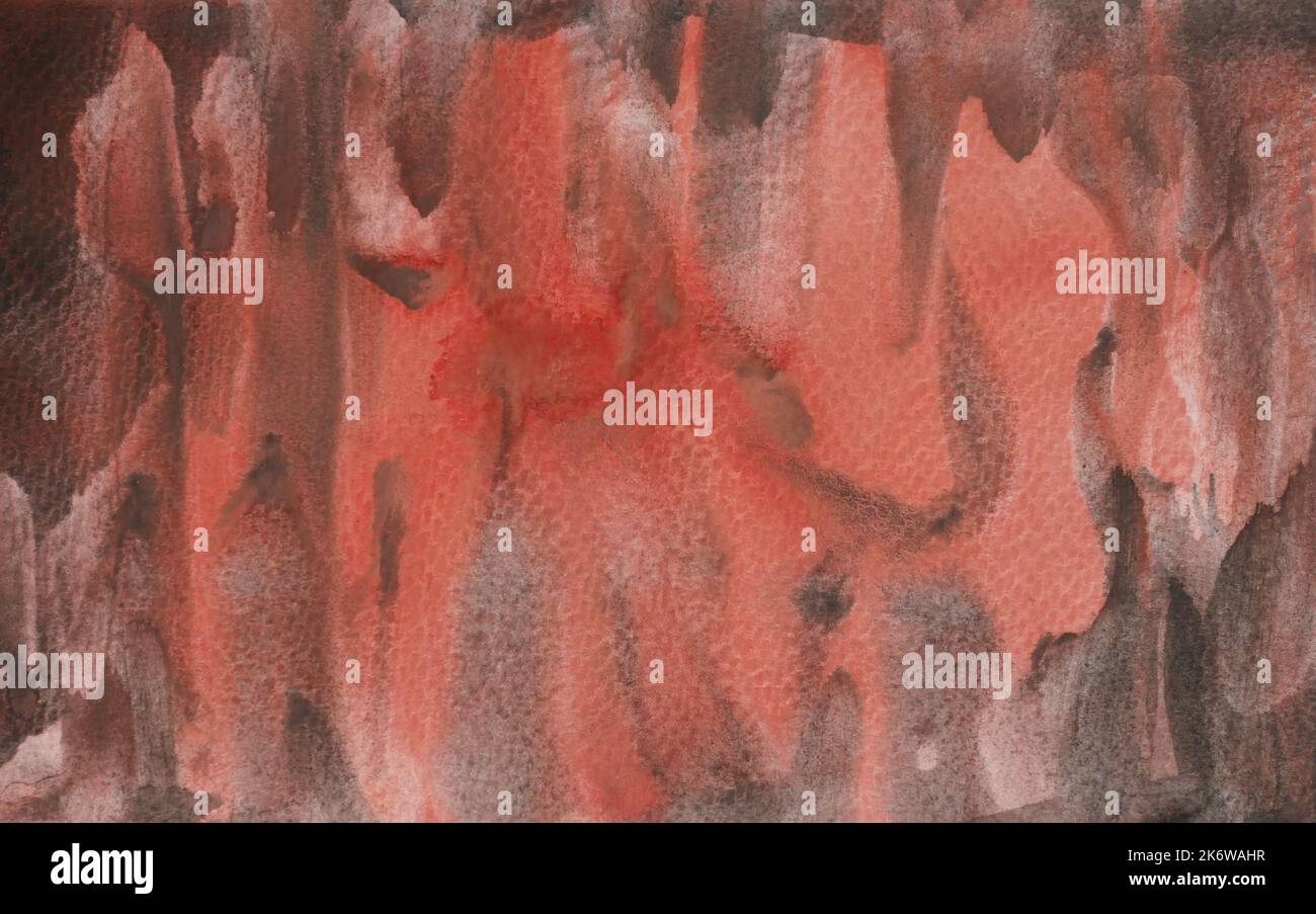 Aquarellstrich und Spray auf weißem Papier, abstrakter Hintergrund von Hand gezeichnet braun mit oranger und schwarzer Farbe Flüssigkeit Tropfen Stockfoto