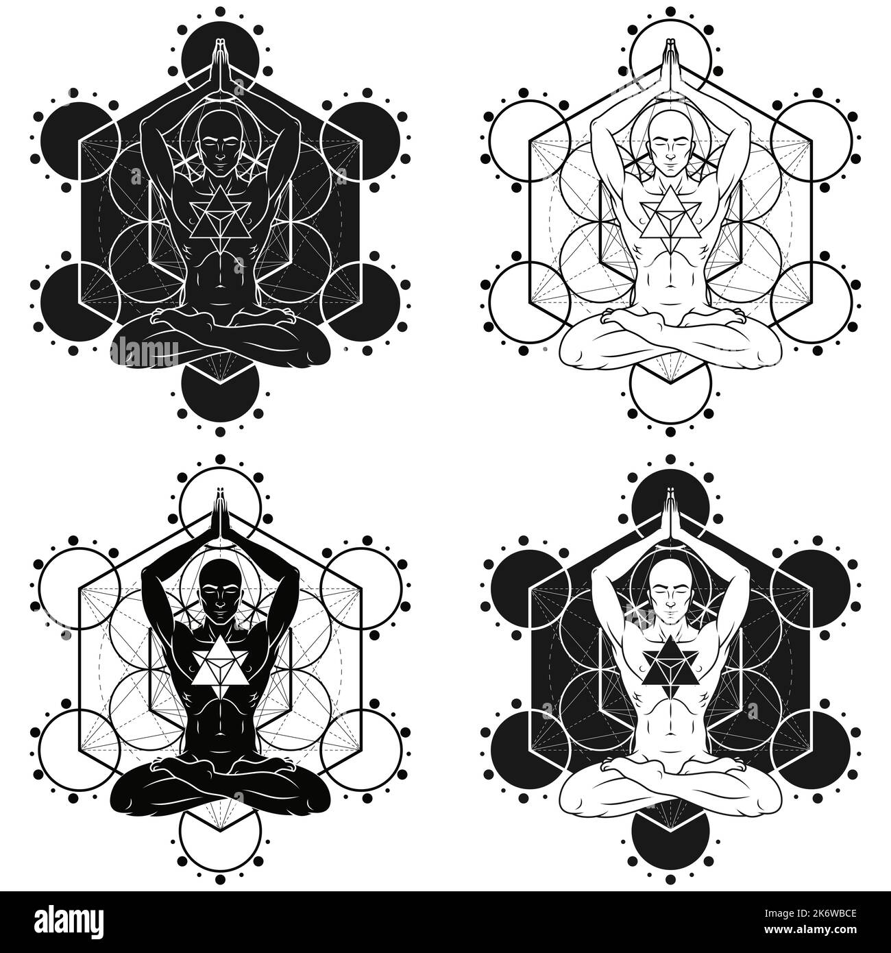 Vektor-Design des Menschen meditiert in Lotusposition mit und Merkaba, Mann macht Yoga und metatron Figur im Hintergrund Stock Vektor