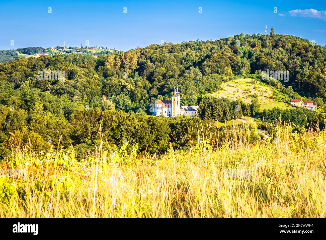 Dorf Strigova grüne Landschaft Hügel Blick, Medjimurje Region im Norden Kroatiens Stockfoto