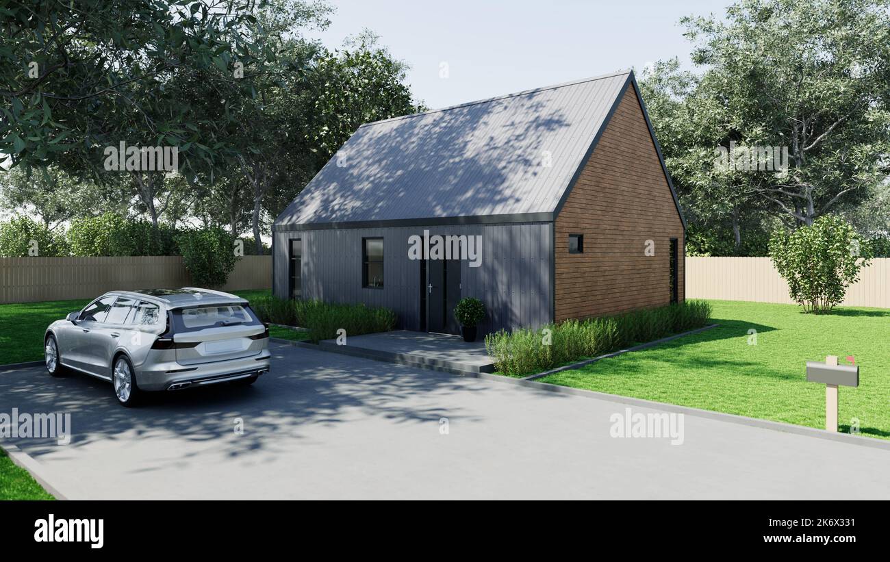 3D Rendering eines kleinen Scheune-Stil Haus. Modernes Haus mit einziedlichem Dach. Stockfoto