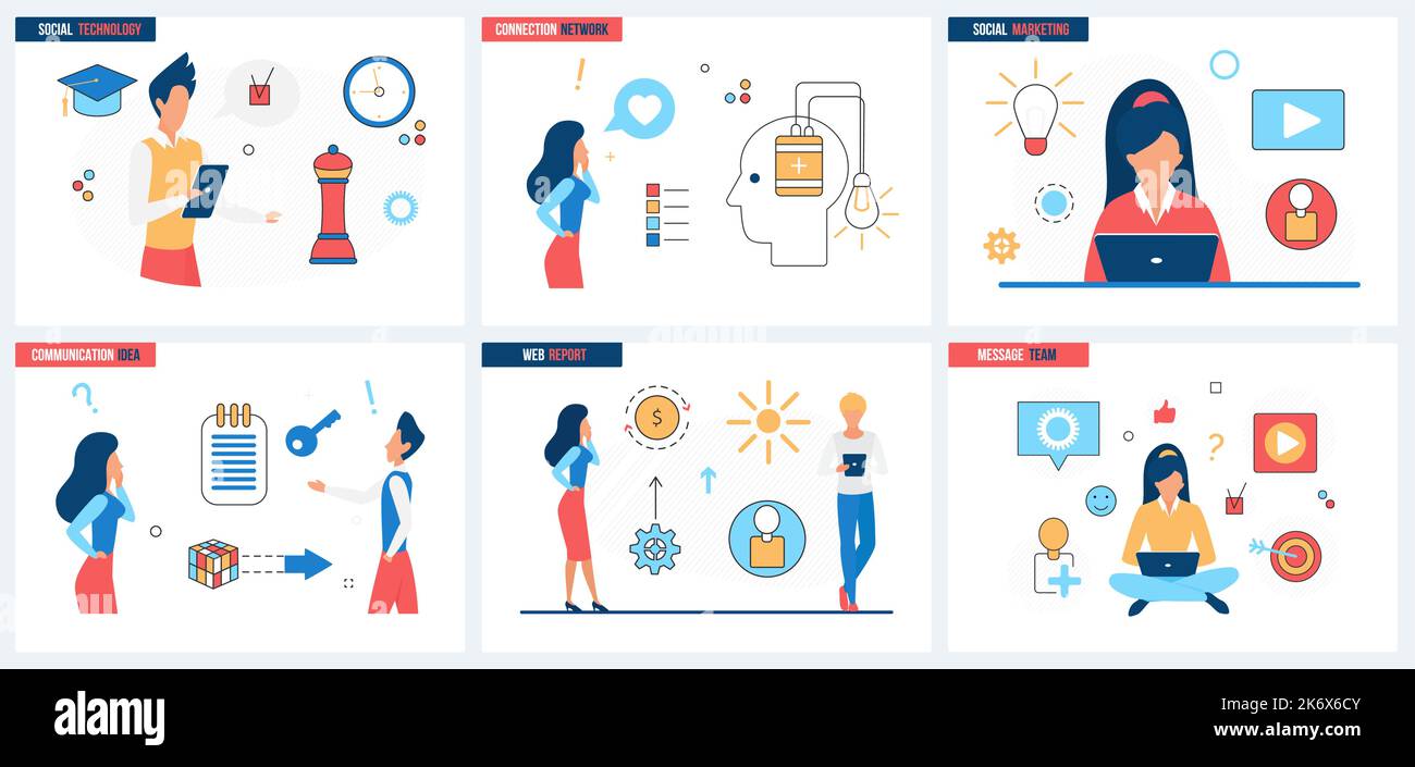 Web-Technologie, Netzwerk-Kommunikation Set Vektor-Illustration. Cartoon Mitarbeiter des Marketingteams arbeiten mit globalen Dateninformationen, Strategiekonzepten für Banner, Website-Design oder Landing Web Page Stock Vektor