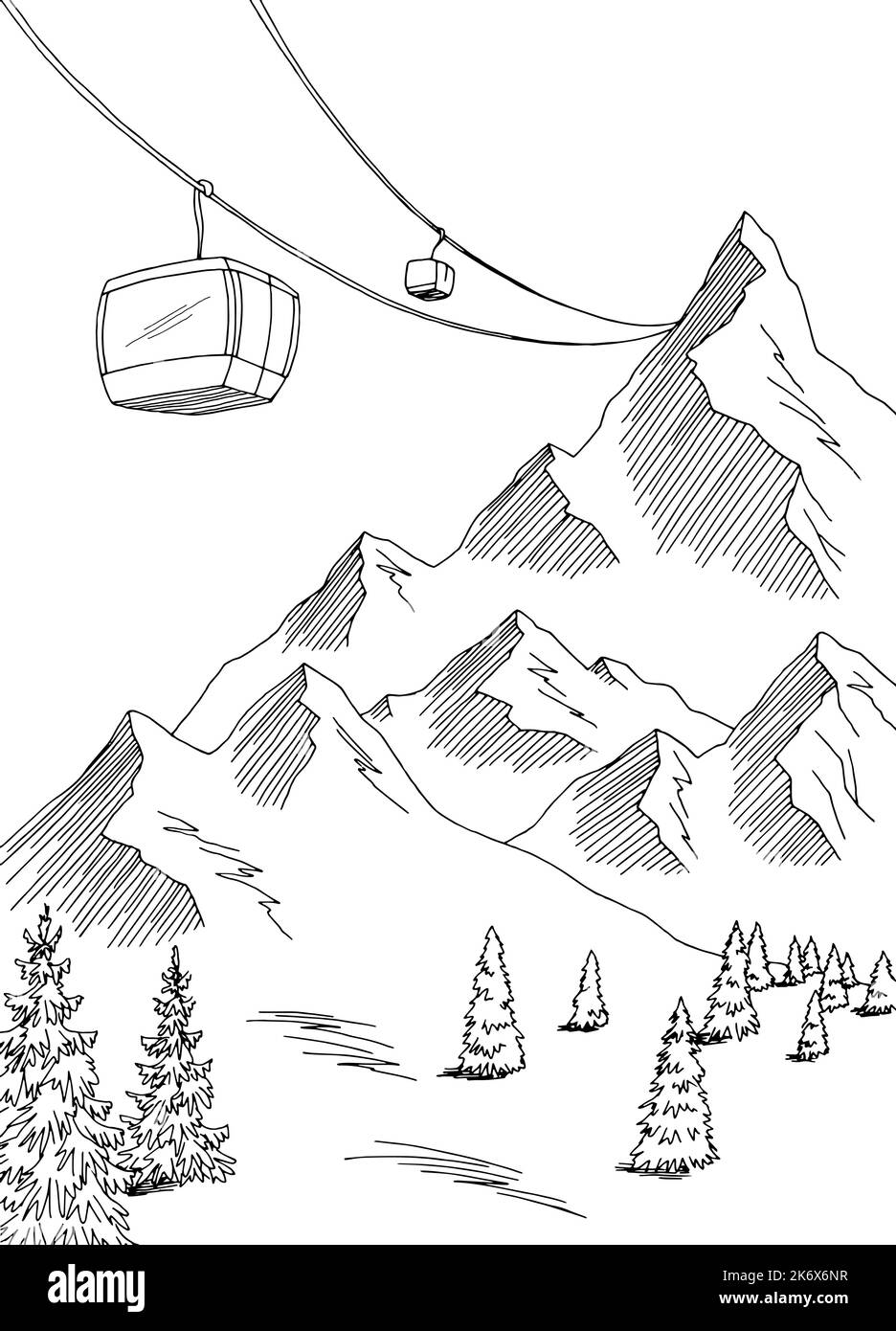 Cable Car Grafik Berg schwarz weiß Landschaft Skizze vertikale Illustration Vektor Stock Vektor