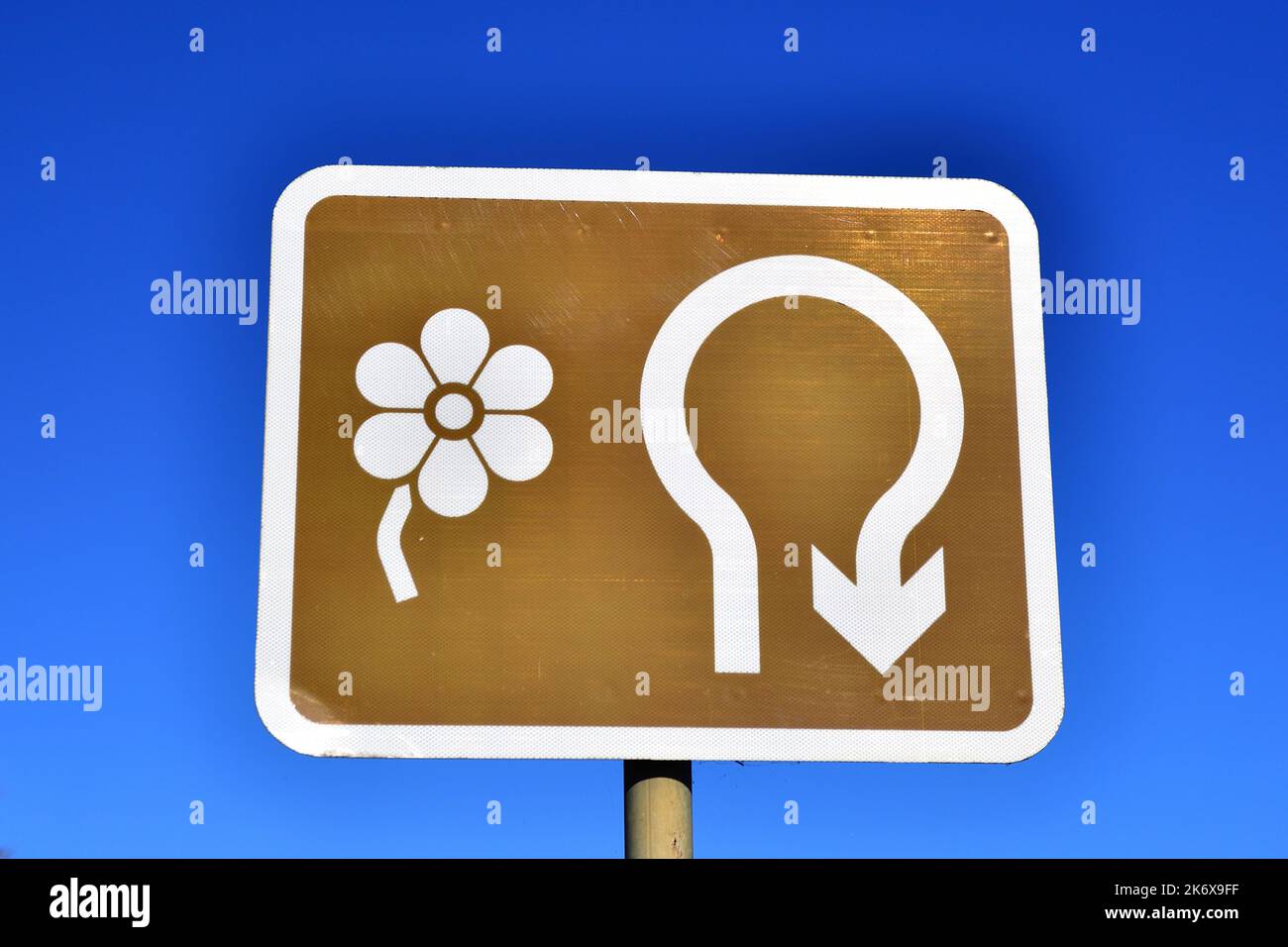 U-Turn-Schild mit einer Blume in Hunstanton, Norfolk, Großbritannien Stockfoto