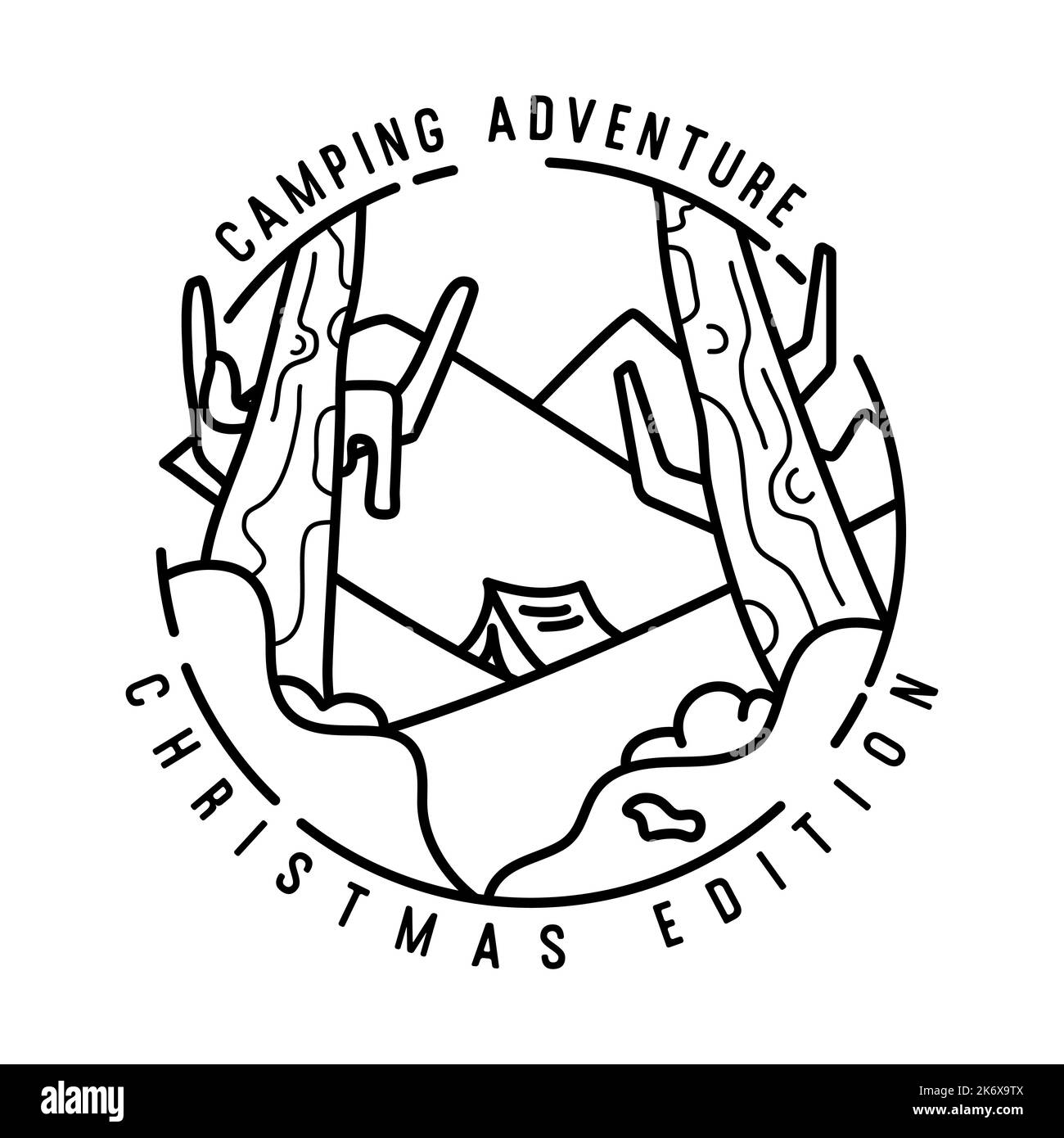 Mountain Camping weihnachtsabzeichen Design mit Winterlandschaft in Linie Art-Stil und Zitat Camping Abenteuer Weihnachtsausgabe. Grafiken mit Reiselogo Stock Vektor