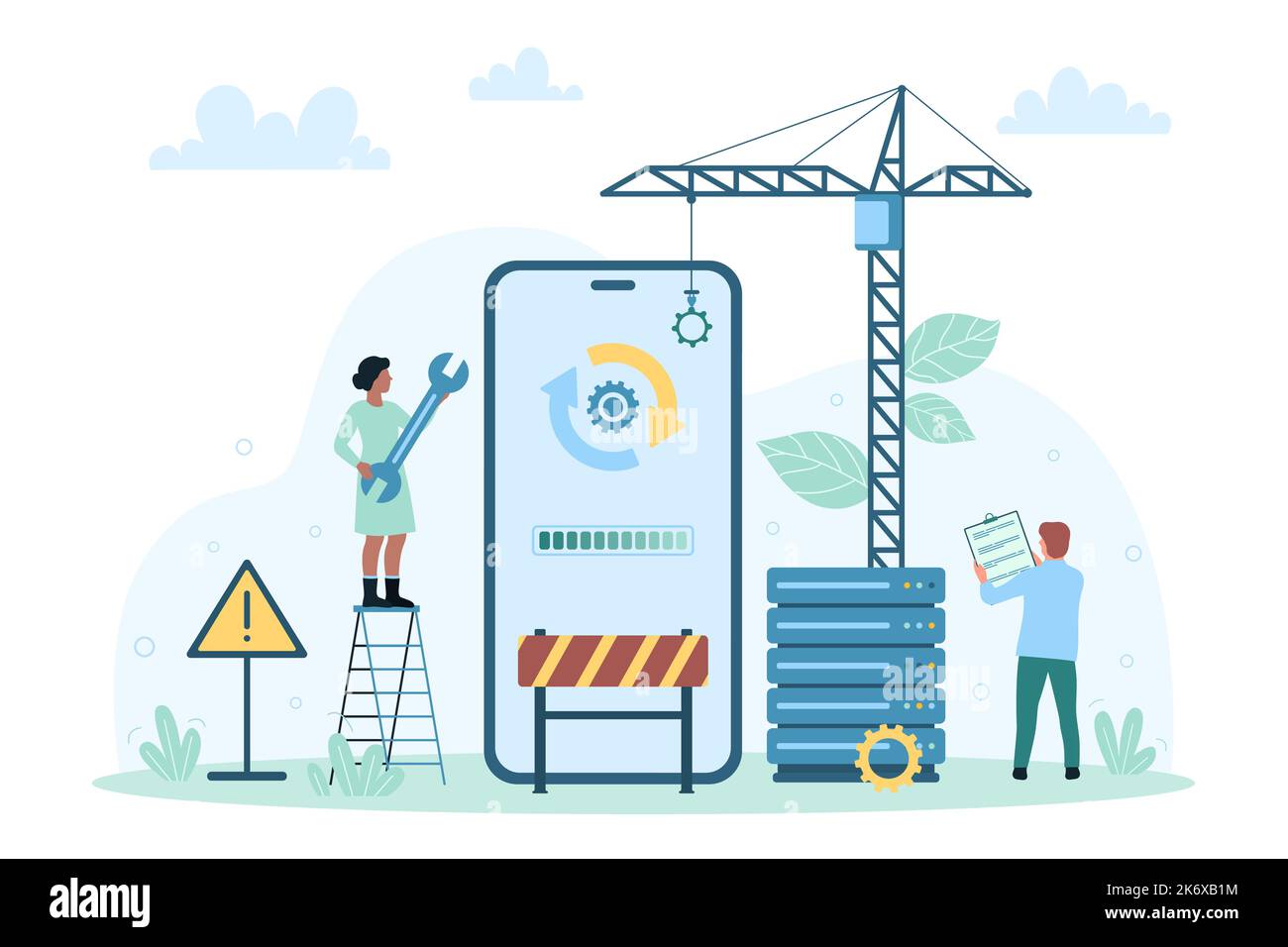 Vektordarstellung für die Entwicklung mobiler Apps. Cartoon winzigen Menschen Gebäude Anwendungsschnittstelle mit Baukran und Software, Bauherren arbeiten mit Engineering-Startup auf dem Handy-Bildschirm Stock Vektor