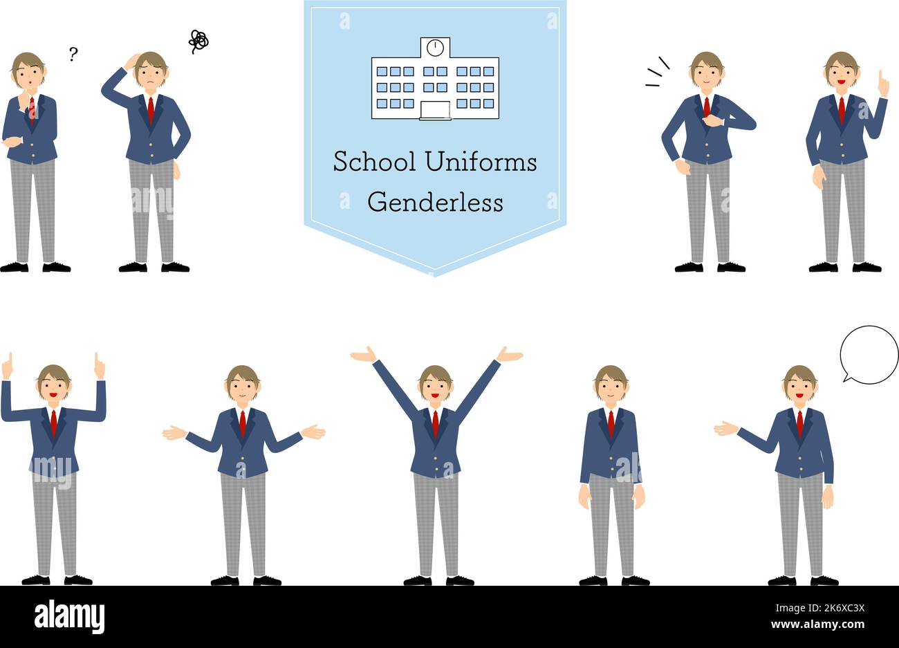 Genderlos, Blazer Uniform Pose Set, Fragen, Sorgen, Unternehmen, zeigen, etc. Stock Vektor