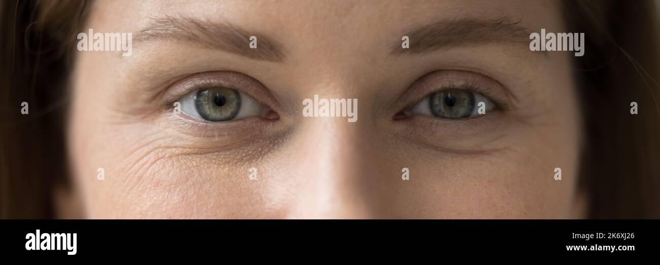 Geschnittene horizontale Aufnahme weiblicher Augen, die auf die Kamera starren Stockfoto