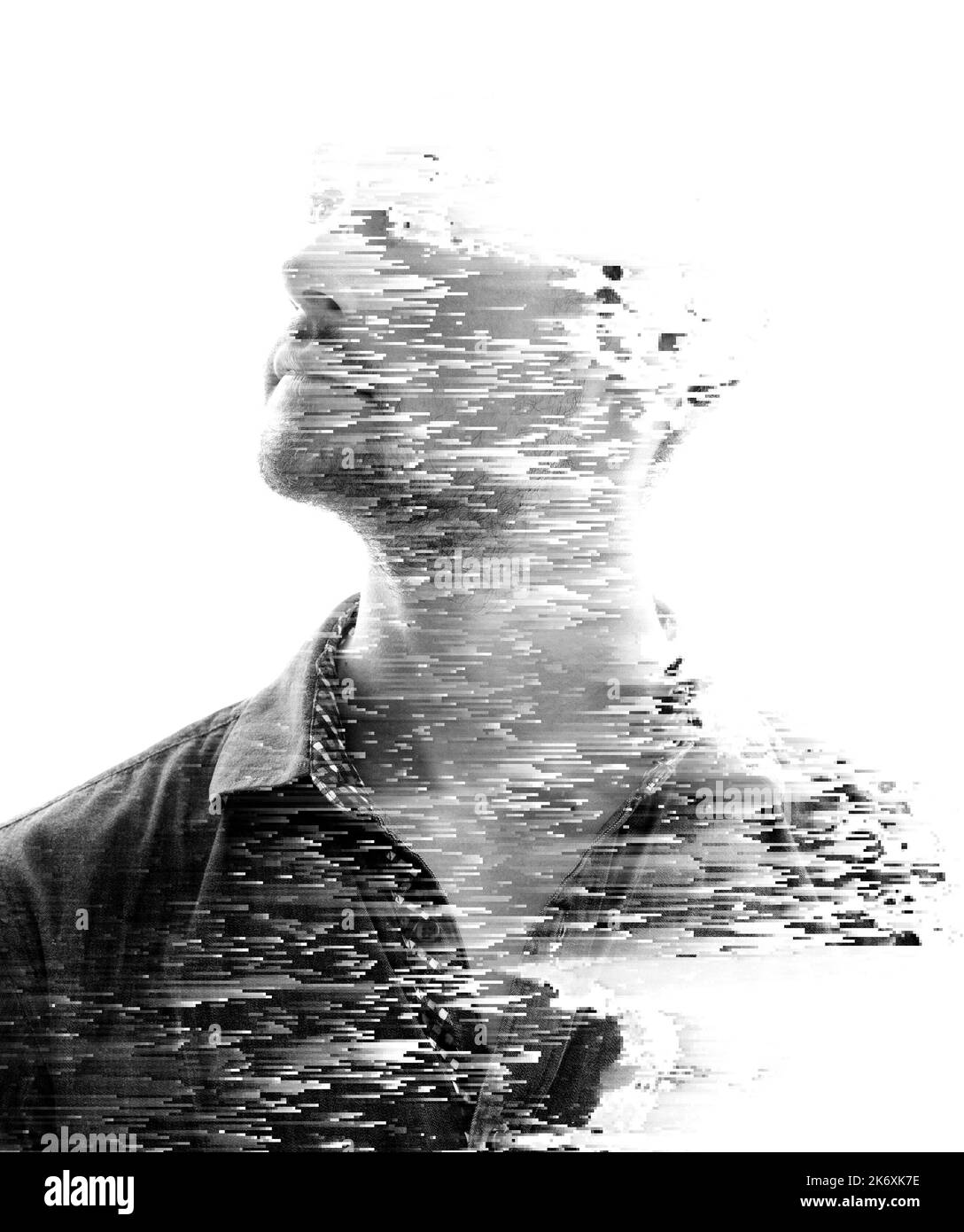 Ein Fluss von Pixeln, der eine Person in Leere auflöst Stockfoto