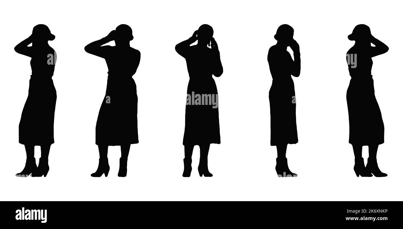 Silhouette einer gut gekleideten Geschäftsfrau aus verschiedenen Blickwinkeln, die ihr Mobiltelefon am Ohr hält und spricht. Isolierte Vektorsilhouetten Stockfoto