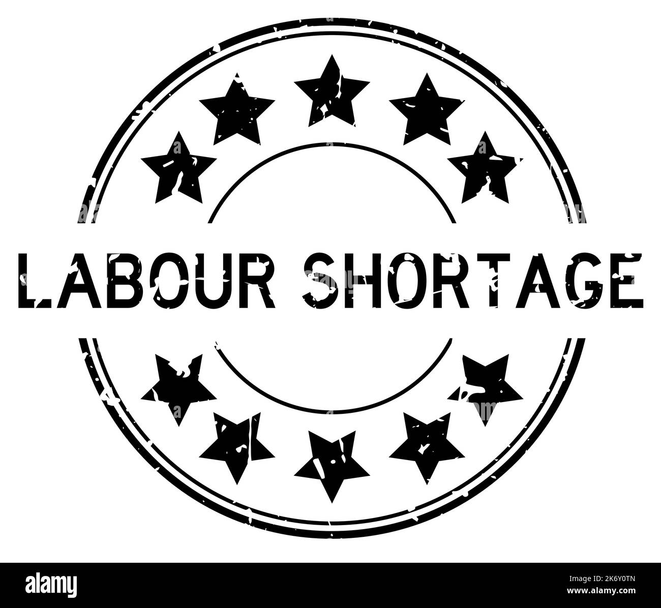 Grunge schwarzes Arbeitskräftemangel-Wort mit Stern-Symbol rund Gummi-Siegel-Stempel auf weißem Hintergrund Stock Vektor