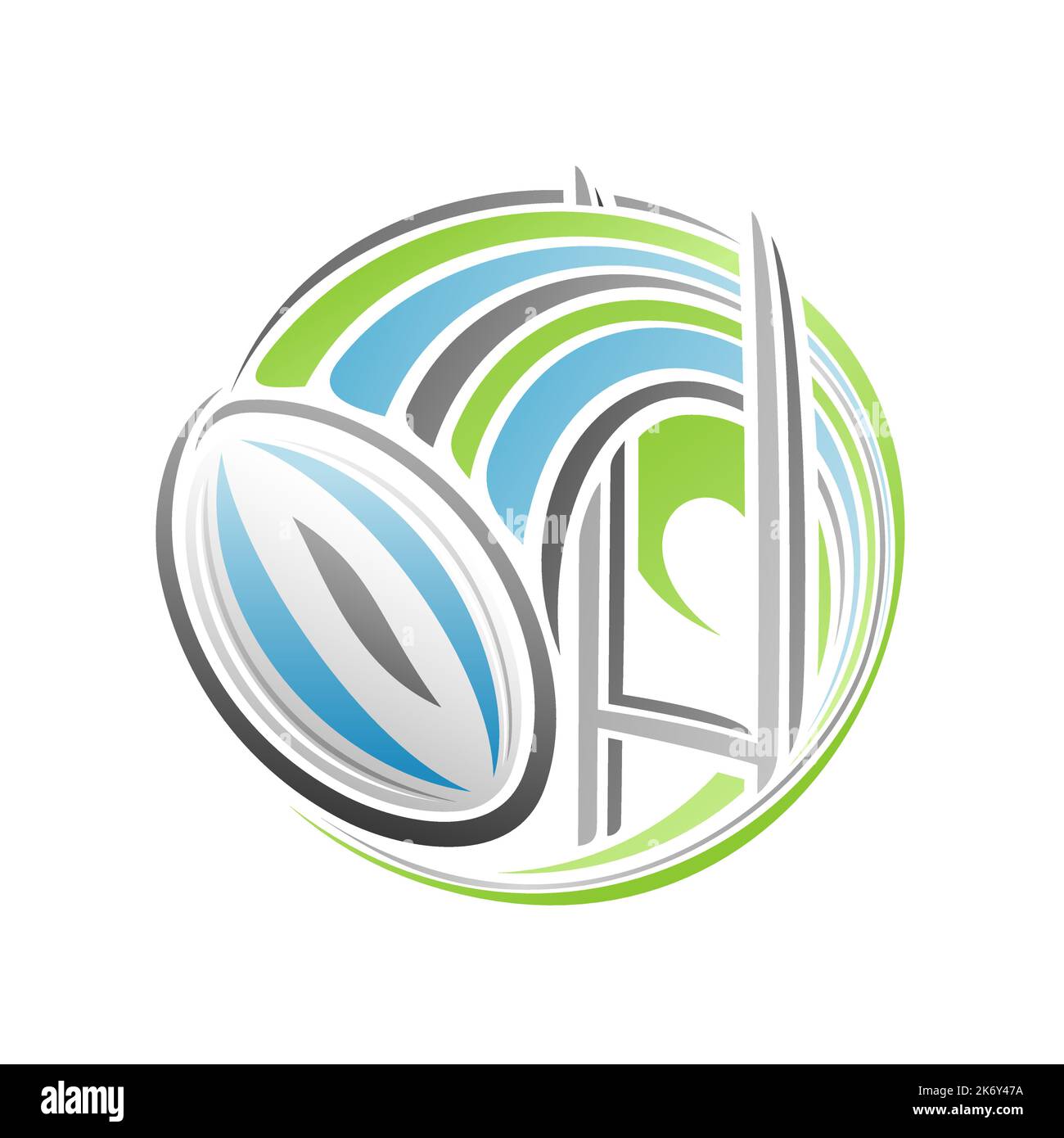 Vektor-Logo für Rugby-Sport, isoliert modernes Emblem mit Umriss Illustration der fliegenden Rugby-Ball über Spielplatz in Tor, dekorative Linie Kunst Sport Stock Vektor