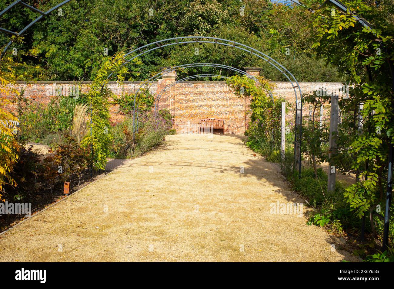 Im Kirkleatham ummauerten Garten ein Platz an einer Wand mit Blick auf einen offenen Weg durch den Blumengarten Stockfoto