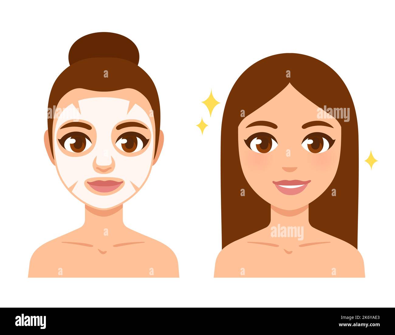 Junge schöne Mädchen mit Blatt Gesichtsmaske und hell leuchtende Haut nach. Cartoon-Stil Vektor-Kunst, Hautpflege Illustration Set. Stock Vektor
