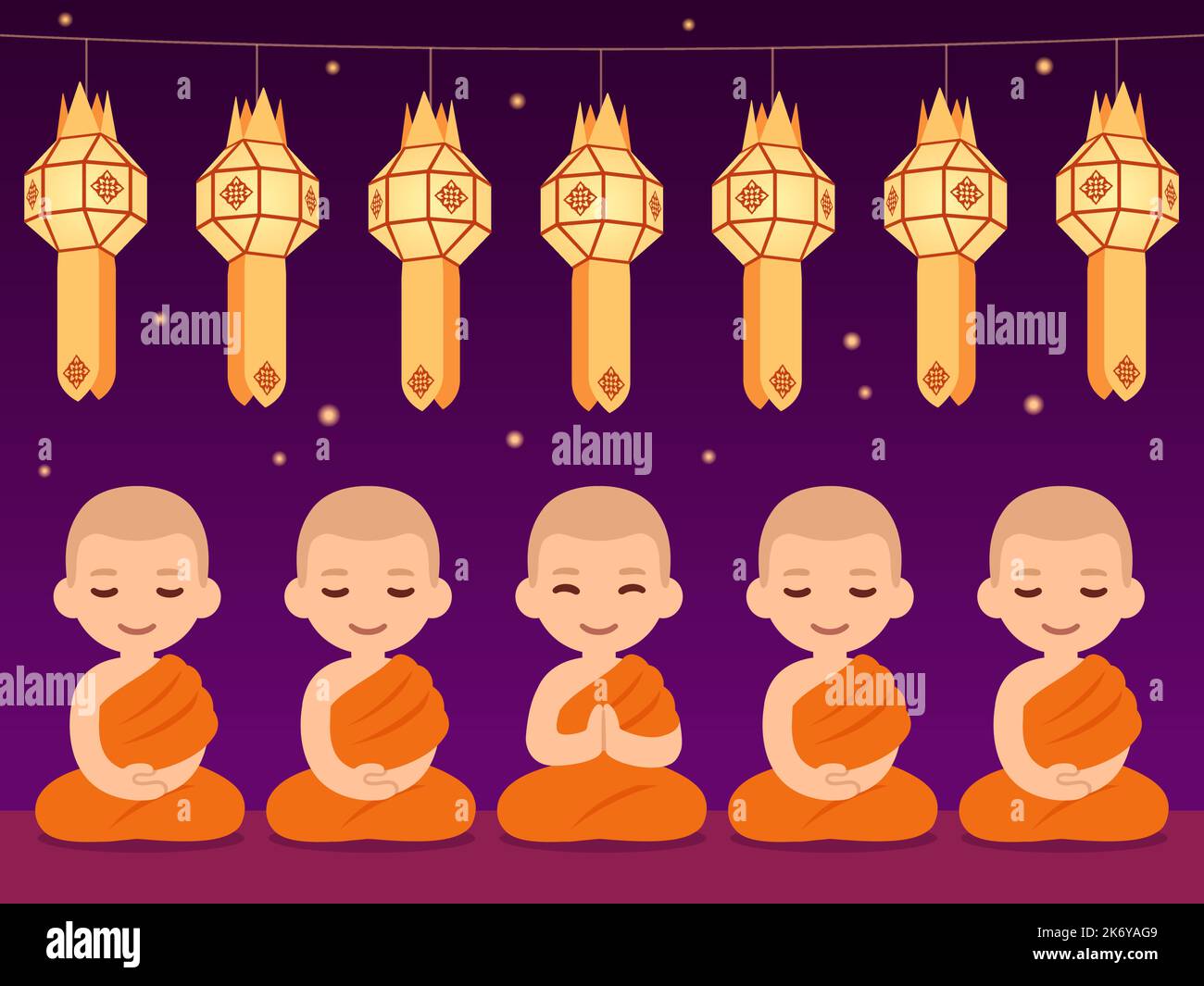 Traditionelles thailändisches Yi Peng- oder Loy Krathong-Festival. Niedliche buddhistische Mönche unter hängenden Papierlaternen. Vektorgrafik. Stock Vektor