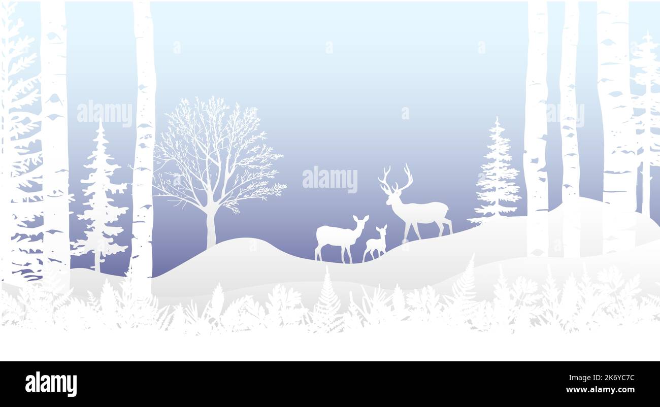 Weihnachtskarte mit Winterlandschaft. Hirsch, Rehkitz, Rehe im Schnee, Wald und Hügeln, Birke, bracken . Magisch neblige Natur, Tierwelt. Frohe Weihnachten und glücklich Stockfoto