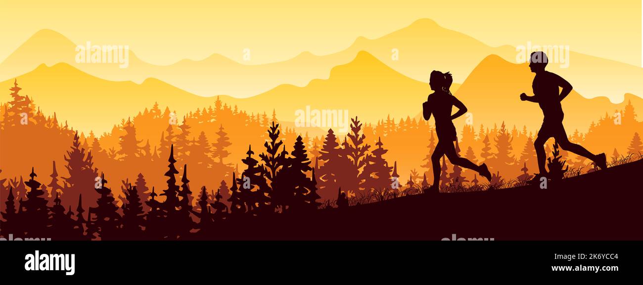Silhouette von Jungen und Mädchen joggen. Wald, Wiese, Berge. Horizontales Banner. Orangefarbene und gelbe Abbildung. Stockfoto