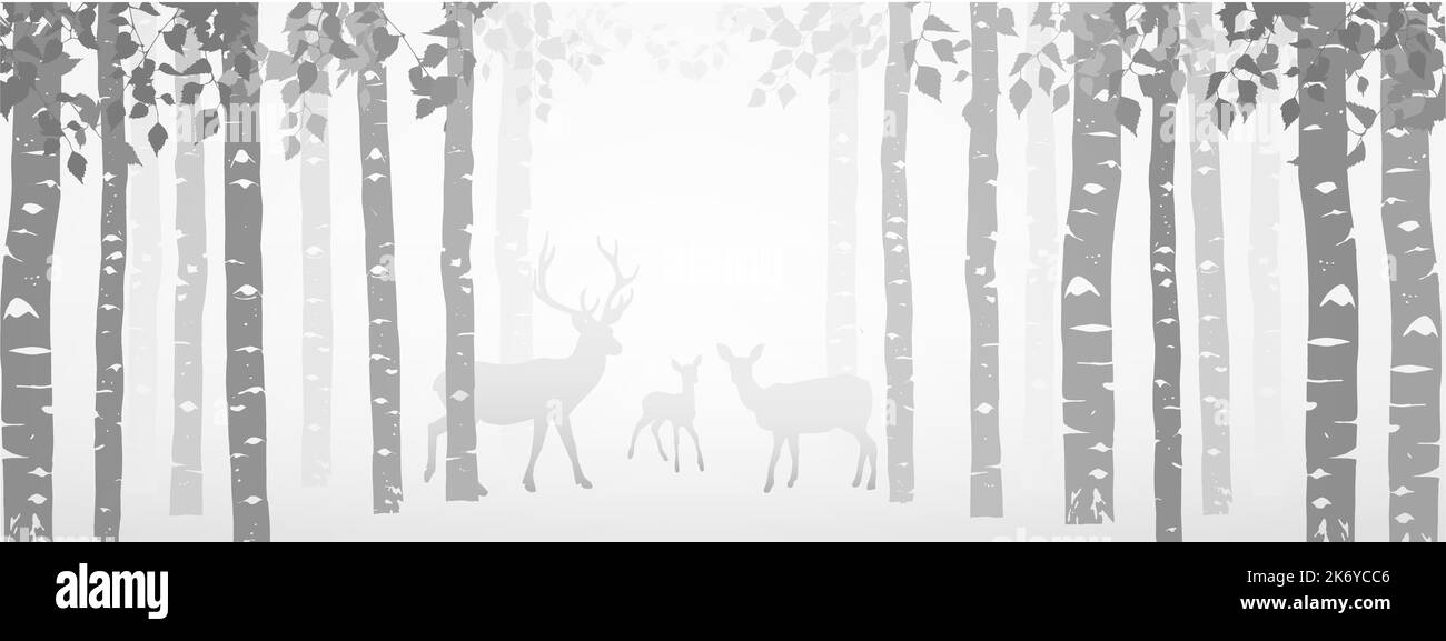 Birkenwald mit Hirsch, Rehkitz. Silhouette von Bäumen und Tieren. Horizontales Banner, magische neblige Landschaft. Graue Abbildung. Stockfoto