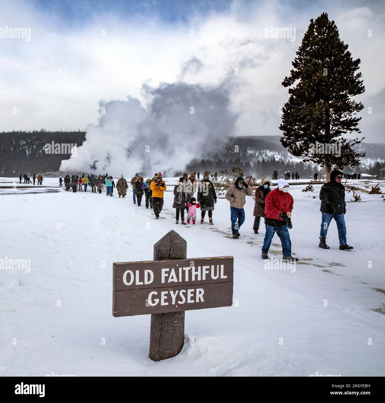 WY05087-00..... WYOMING - Menschenmenge, die nach dem Ausbruch von Old Faithful während eines Winterschneesturms, dem Yellowstone-Nationalpark, abreist. Stockfoto